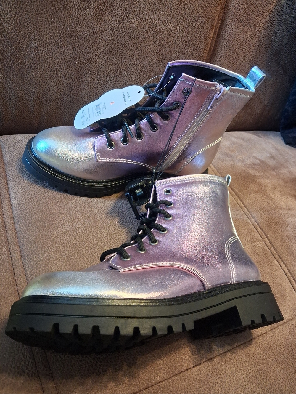 wonder nation Iridescent Purple Lace-Up Combat Boots for Kids Size 3